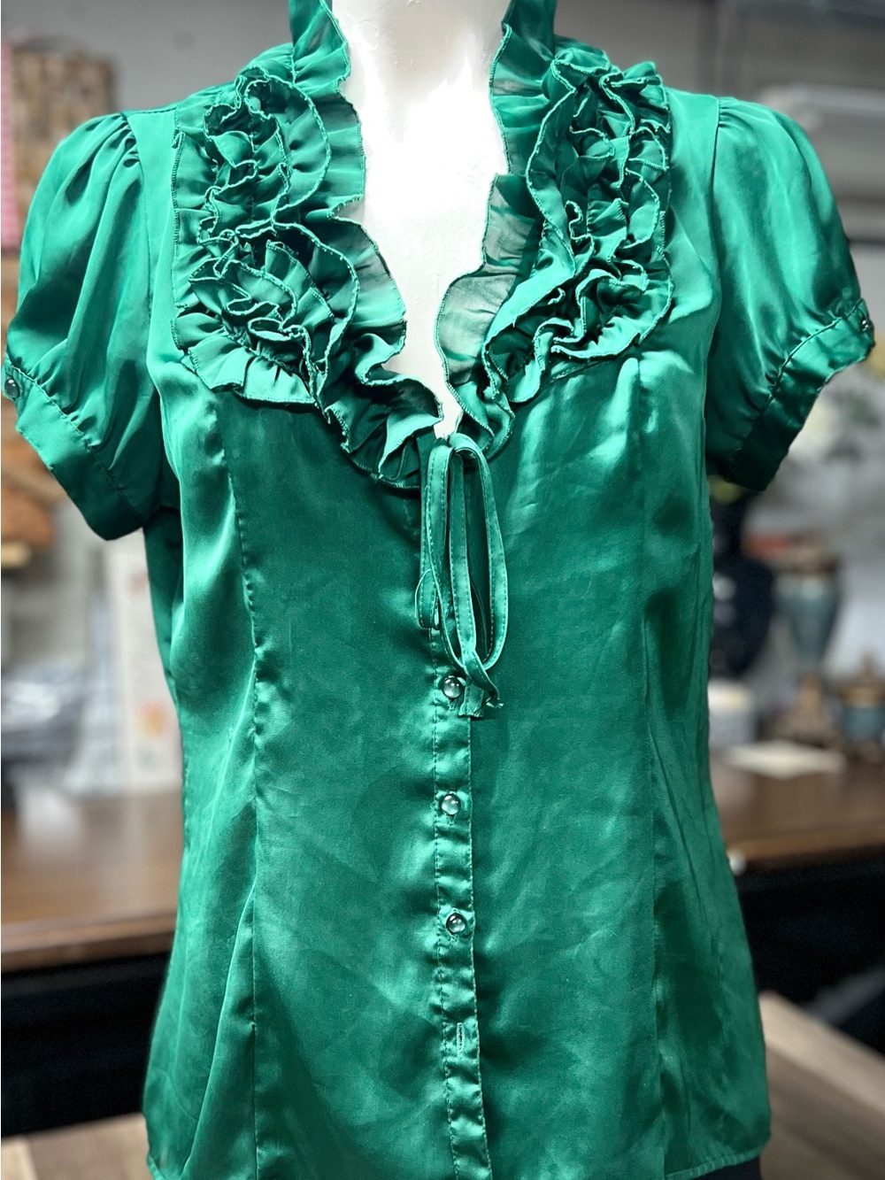 FANG Emerald Green Ruffle-Front Satin Blouse